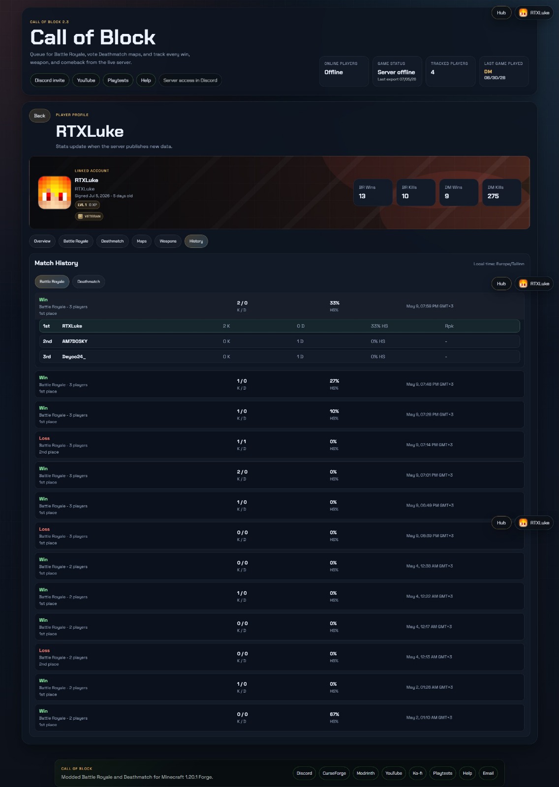 Call of Block match history page with tracked results and player performance