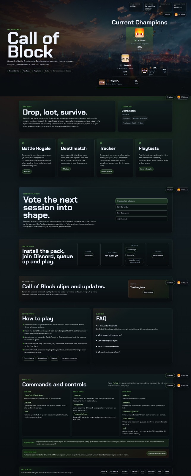 Call of Block home page with game modes, playtests, FAQ, and hub sections