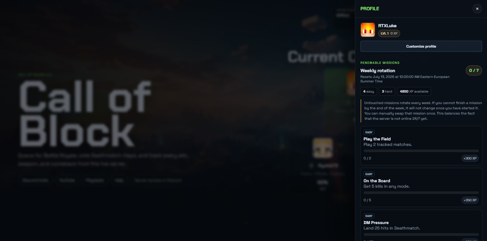 Call of Block profile side panel with weekly missions and progression