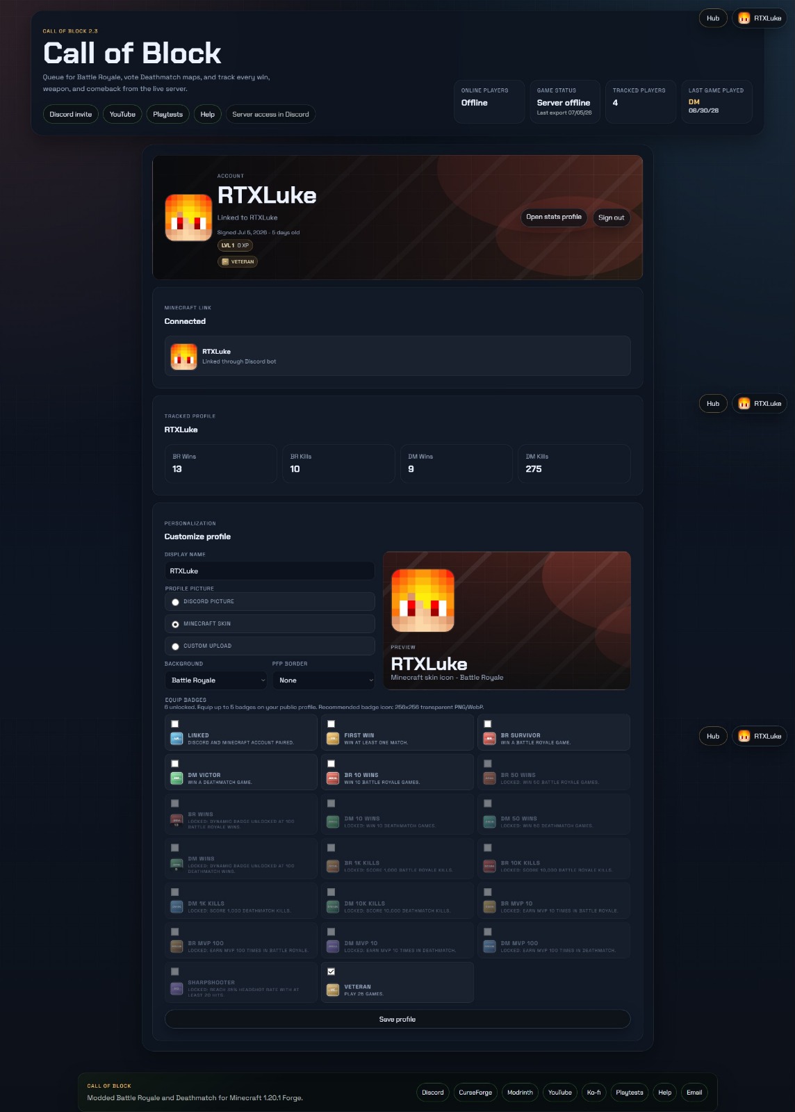 Call of Block account and personalization page with linked Minecraft profile and badges